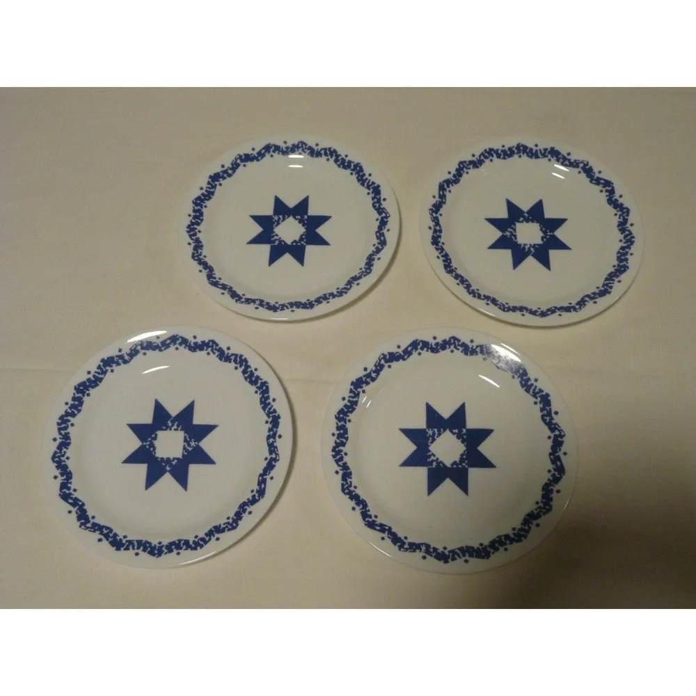 Set of 4 Corelle Corning Salad Plates Blue Star Pattern Retired USA‎ 7.25